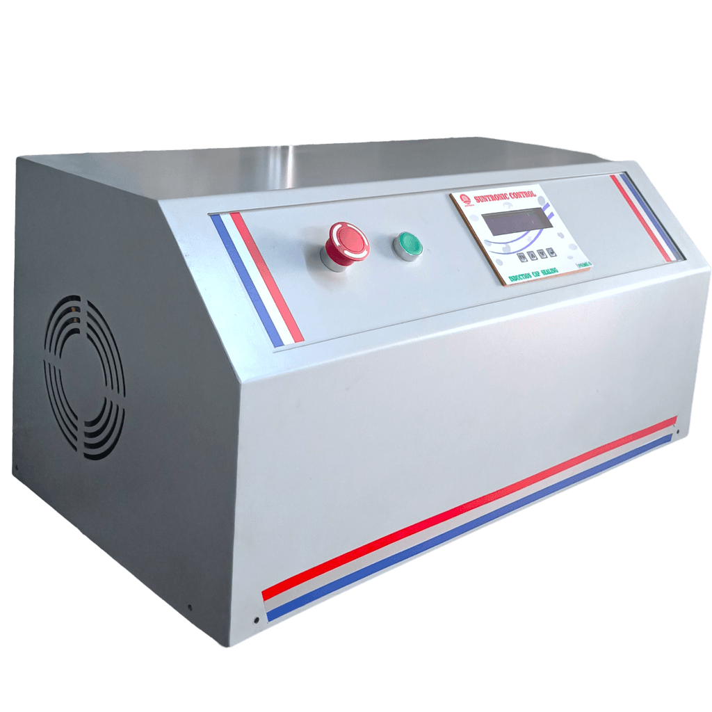 Prime II Induction Cap Sealing Machine angled view showing precision sealing coil and SS 304 stainless steel construction