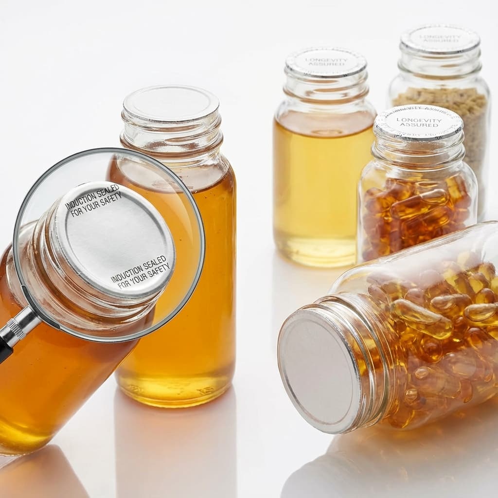 Hermetically sealed bottles with tamper-evident foil liners showing product safety and leak-proof protection